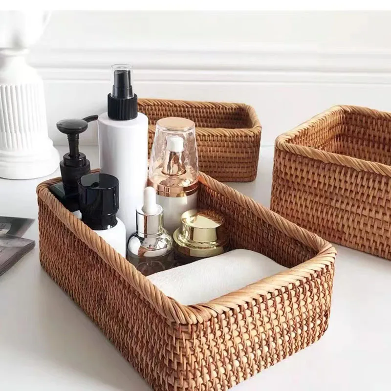 

Hand Woven Storage Basket Japanese Home Desktop Rattan Make Up Organizer Sundrites Box Desktop Snacks Boxes Fruit Bread Baskets