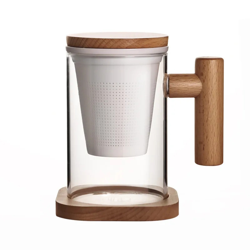 

Transparent Glass Tea Cup with Jade Porcelain Tea Infuser Wood Lid and Hand grip Office Water Drinking Cup Mugs B024