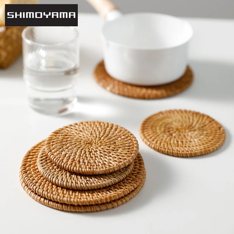 

SHIMOYAMA Placemat Pad Natural Rattan Table Mat Round Handmade Woven Kitchen Cup Mats Heat Resistant Anti-Skidding Coasters