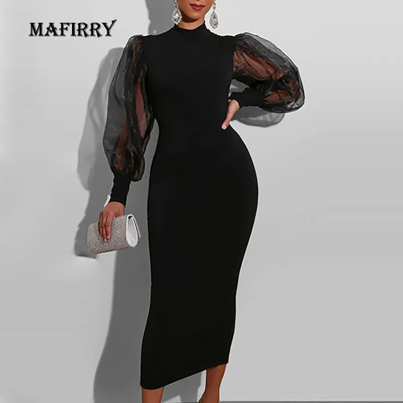 

Женское офисное облегающее вечернее платье, привлекательное Сетчатое платье-карандаш с О-образным вырезом и длинным пышным рукавом, одното...
