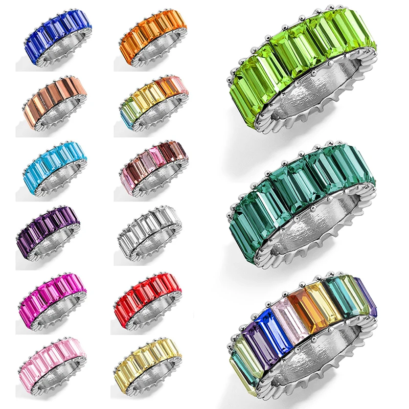 Горячие koop радужные кольца dunne lijn micro pave cz eternity fashion 14 kleuren stack zilveren regenboog ringen