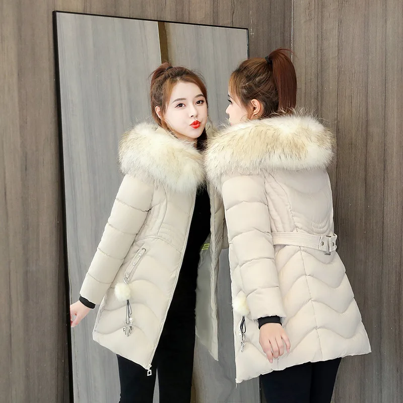 

Cotton Padded Coat Women Fur Collar Korean Slim Thicken Warm Parkas 2021 Winter Elegant Solid Mid-Length Parkas Female LD2528