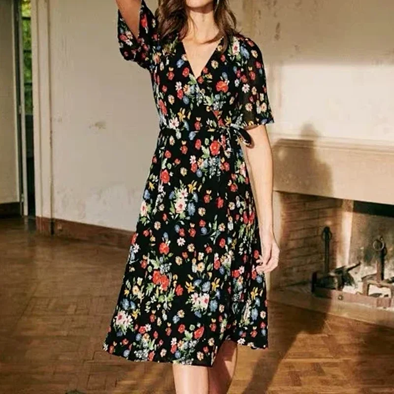 Кортни миди женское летнее Повседневное платье с короткими рукавами v образным