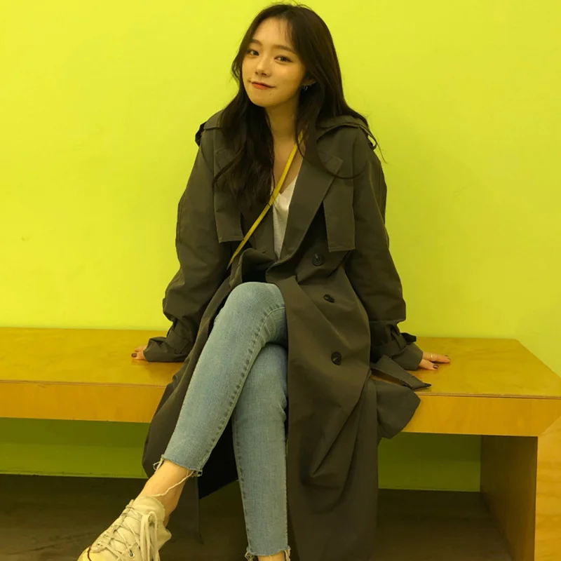 

BGTEEVER Retro Gray Ladies Notched Collar Trench Coats Double Breasted Female Belted Windbreaker Long Loose Outerwear Women 2019