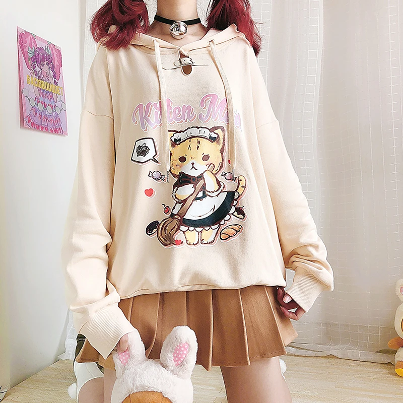 Бежевая Толстовка в стиле Харадзюку с изображением котенка горничной кота