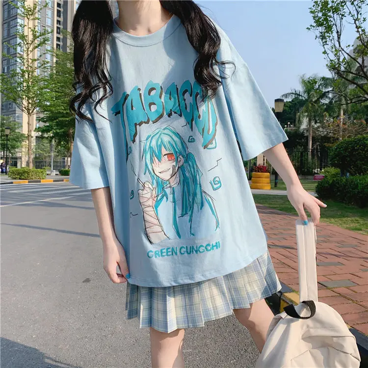 

Summer Streetwear Women Short-sleeved T-shirt Japanese Harajuku Animated Cartoon Girl Print Loose T-shirt Student Casual Tops