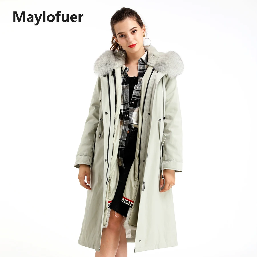 Maylofuer Настоящий мех кролика теплая парка классический стиль для женщин натуральный мех пальто с капюшоном зимние меховые парки с полиэстеровой подкладкой