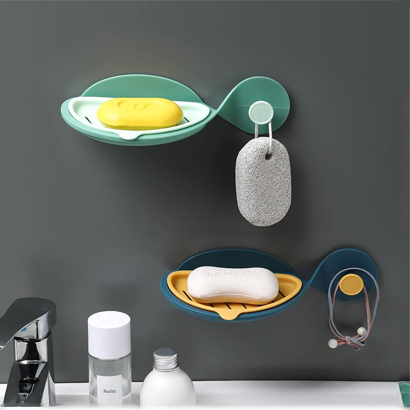 

Punch-Free Fish Soap Hanger Box with Hook Bathroom Drain Soap Dish with Towel Holder Rack Sink Self Adhesive Storage Accessories