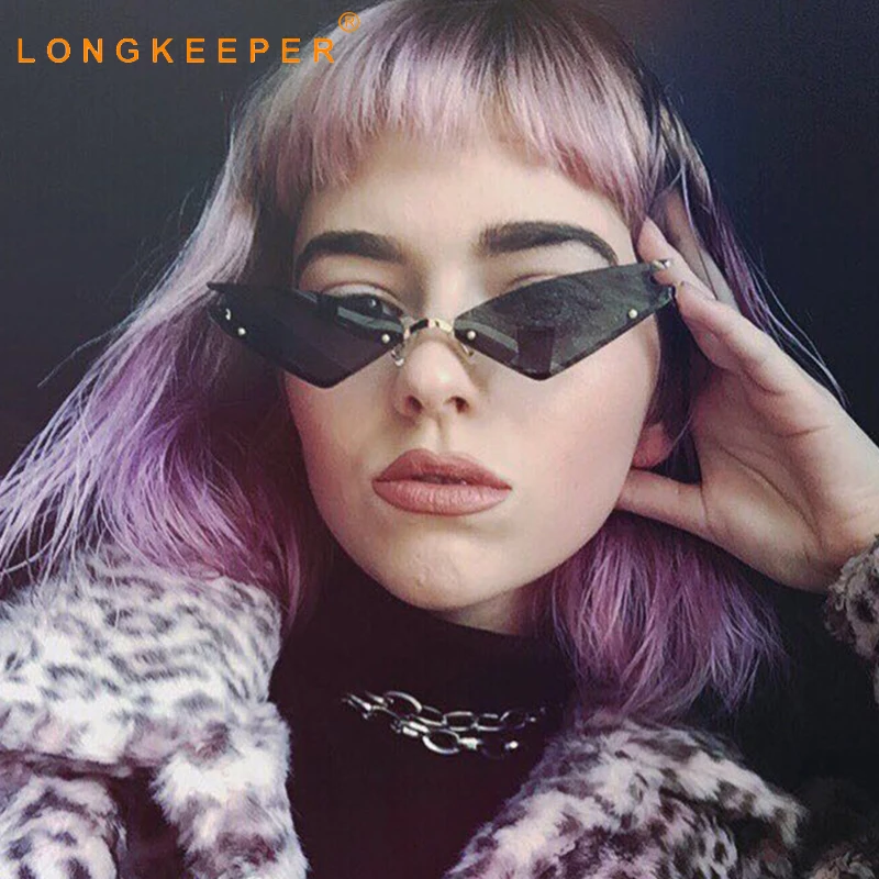 

LongKeeper Cat Eye Sunglasses Women Brand Design Rimless Sun Glasses Female Vintage Narrow Triangle Eyewear Gafas de sol mujer