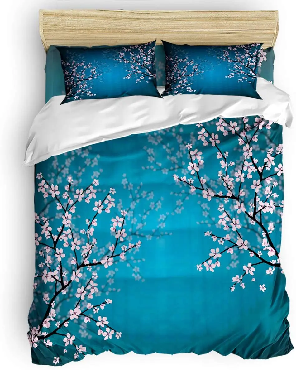 

Duvet Cover Set Printed 4 Pcs Bedding Set Full Size Include Duvet Cover, Bed Sheet, Pillow Shams Spring Cherry
