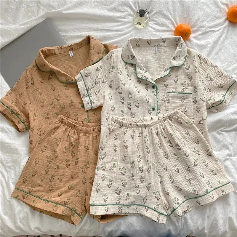 QWEEK Cotton Yarn Pajamas Sets 2 Piece Korean Homewear Autumn Sleepwear Kawaii Heart Sapling Print Pijamas Female Loungwear Suit
