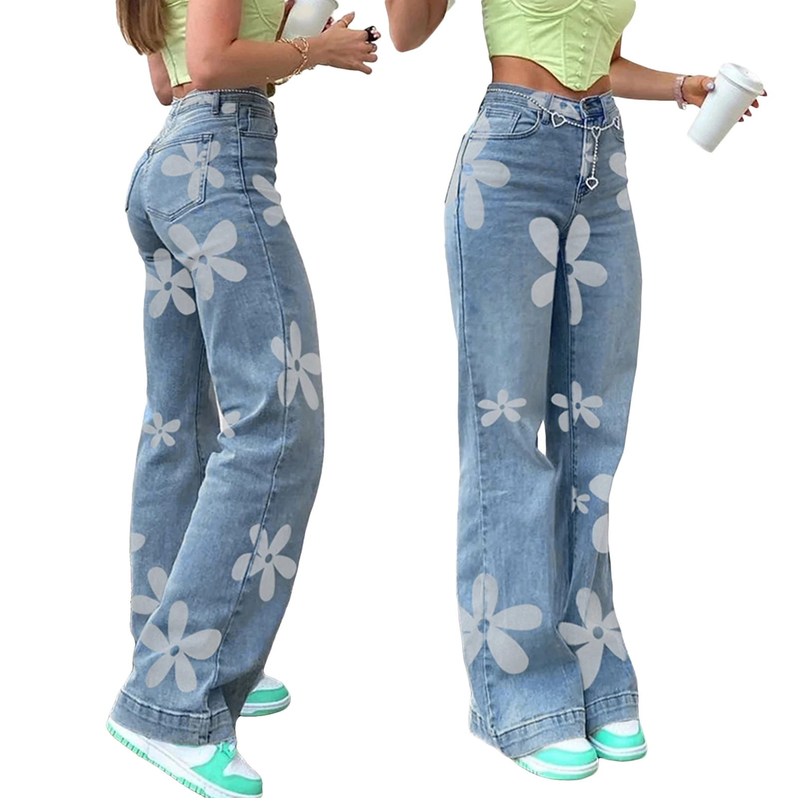 

Women High Waist Jeans Wide Leg Floral Print Streetwear Jeans Y2K Denim Pants with Pockets Casual Trousers for Teen Girls Autumn
