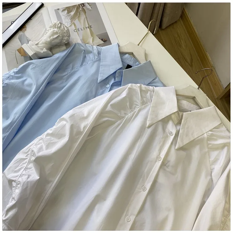 

2021 Spring and Summer New Fashion Solid Color Pleating Blouse Women's Lapel Flare Sleeve Loose Shirt Female Tops