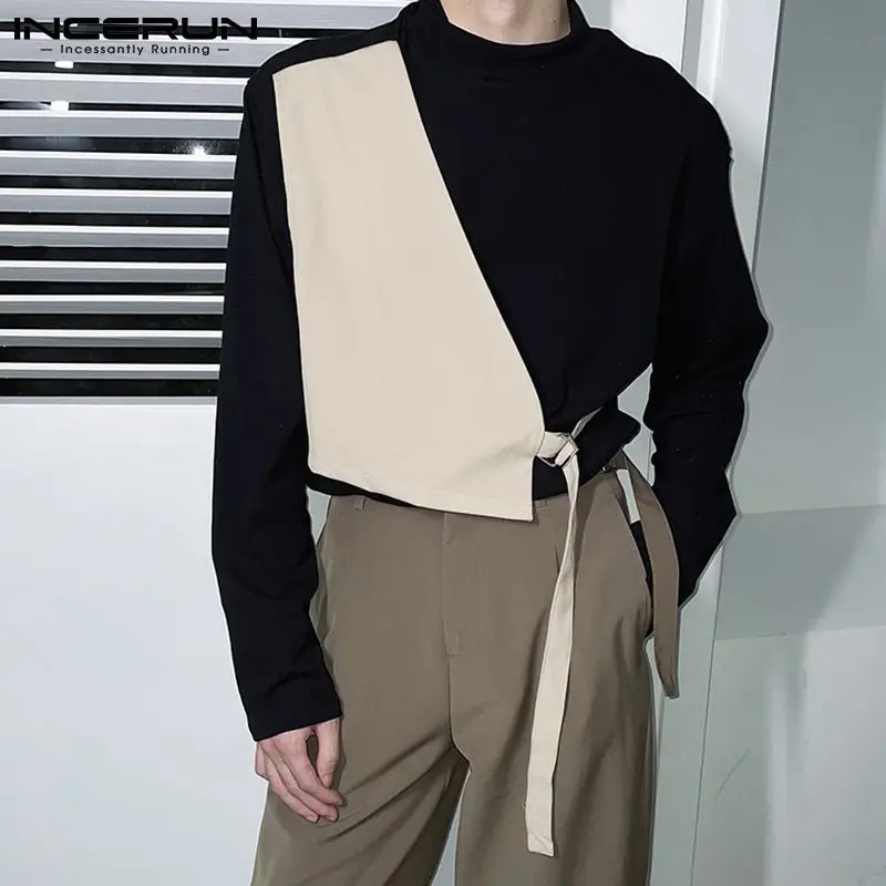 

INCERUN Korean Style New Men Fake Two-piece Design Half-high Collar Bottoming Tees Knit Sweater Long-sleeved T-shirts S-5XL 2021
