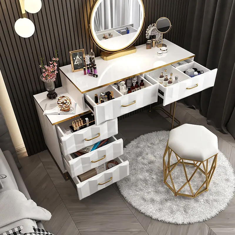 

Dressing Table Set Dresser Drawers Interchangeable Bedside Table with Stool/ Chair LED Light Mirror Bedroom Furniture 100cm