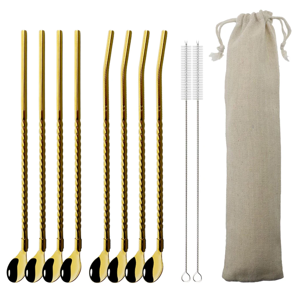 

8Pcs Eco-Friendly Stainless Steel Circular Shape Stainless Steel Metal Drinking Straw Spoon Reusable Straws Cocktail Spoons Set