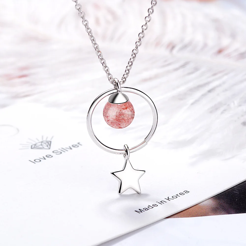 

Wholesale Pink Crystal Star Female Birthday Gift 925 Sterling Silver Lady Pendant Necklaces Jewelry Women Short Choker Chains