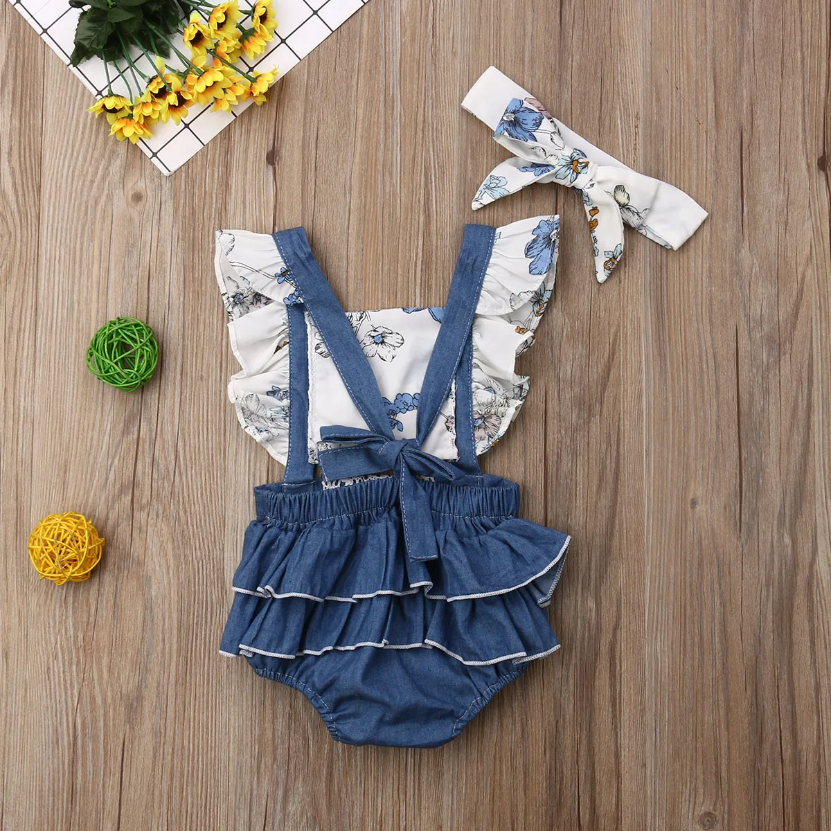 

0-24M Newborn Infant Baby Girls Flower Ruffles Romper Sunflower Jumpsuit Backless Playsuit Sunsuit Summer Toddler Girl Clothes