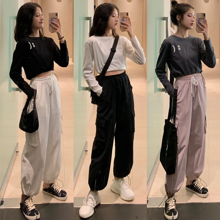 

Autumn 2020 New Korean Style Ins Harajuku Style Depressed Workwear Casual Pants Loose High Waist Ankle-Tied Trousers Women's