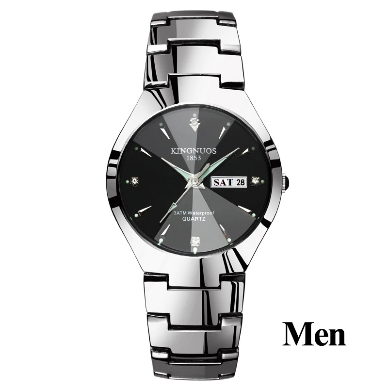 Men Silver Black Часы для влюбленных Роскошные Кварцевые наручные часы для мужчин и женщин Hodinky Dual Calender Week steel Saat Reloj Mujer Hombre парные часы - Цвет: Men Silver Black