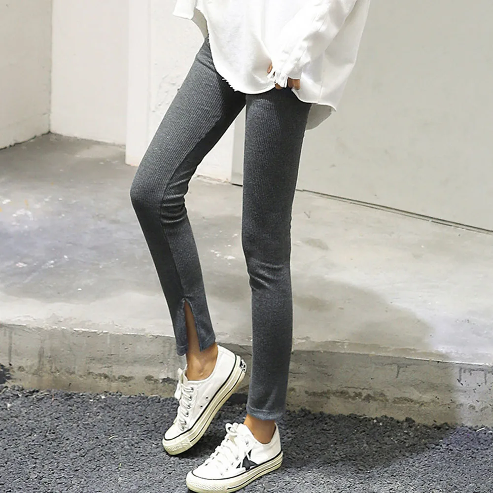 

Women's Leggings Split Ribbed High Elastic Fleece Vertical Striped Trousers Long Winter Warm Push Up Ladies Casual Girl Legging