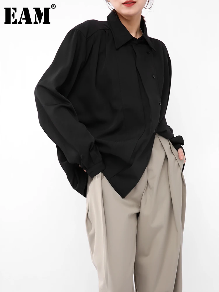 

[EAM] Women Black Casual Pleated Big Size Blouse New Lapel Long Sleeve Loose Fit Shirt Fashion Tide Spring Autumn 2022 1DD863601