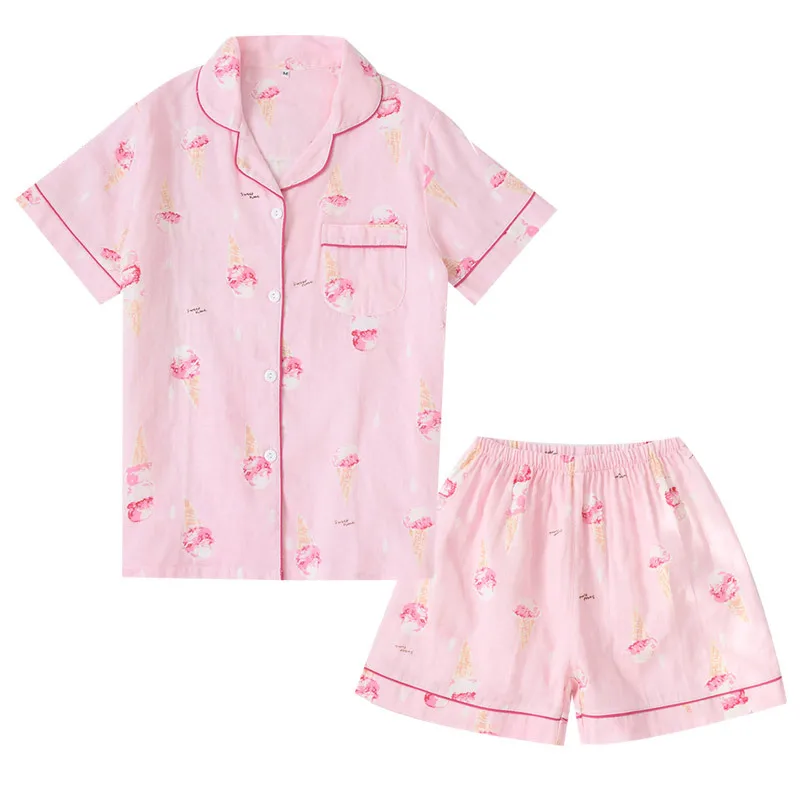 Summer Pajamas Set Women Pure Cotton Gauze Soft Short Sleeve Sleepwear with Shorts Ice Cream Ladies Homewear Loose Comfortable