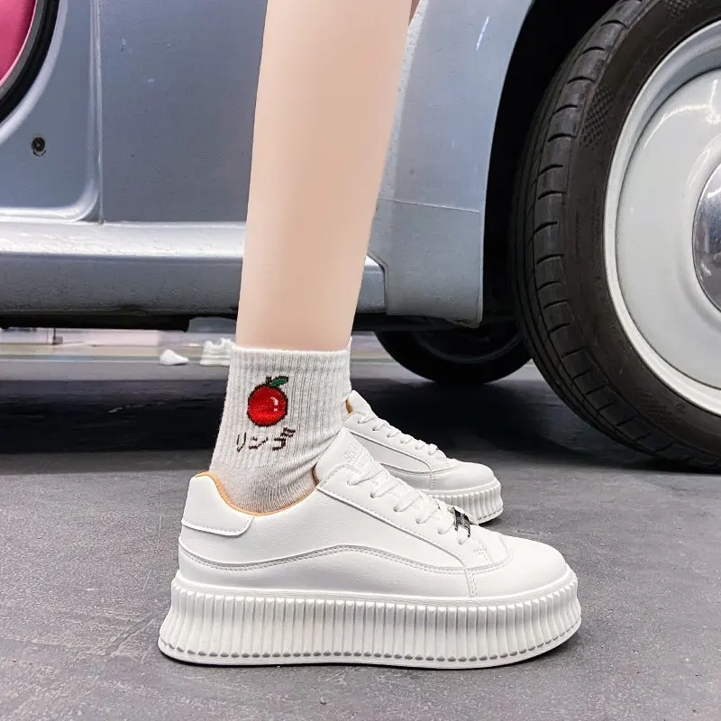 

Leather Platform Sneakers Women Vulcanize Shoes Casual White Sneaker Shoes Ladies Flats Lace-up Walking Trainers Zapatos Mujer