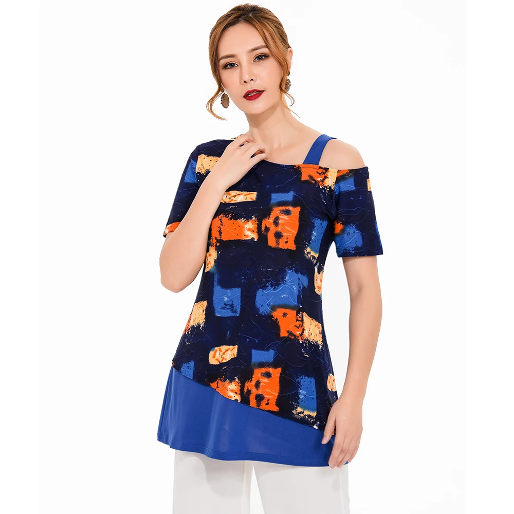 Женская футболка на одно плечо с коротким рукавом разноцветная туника принтом