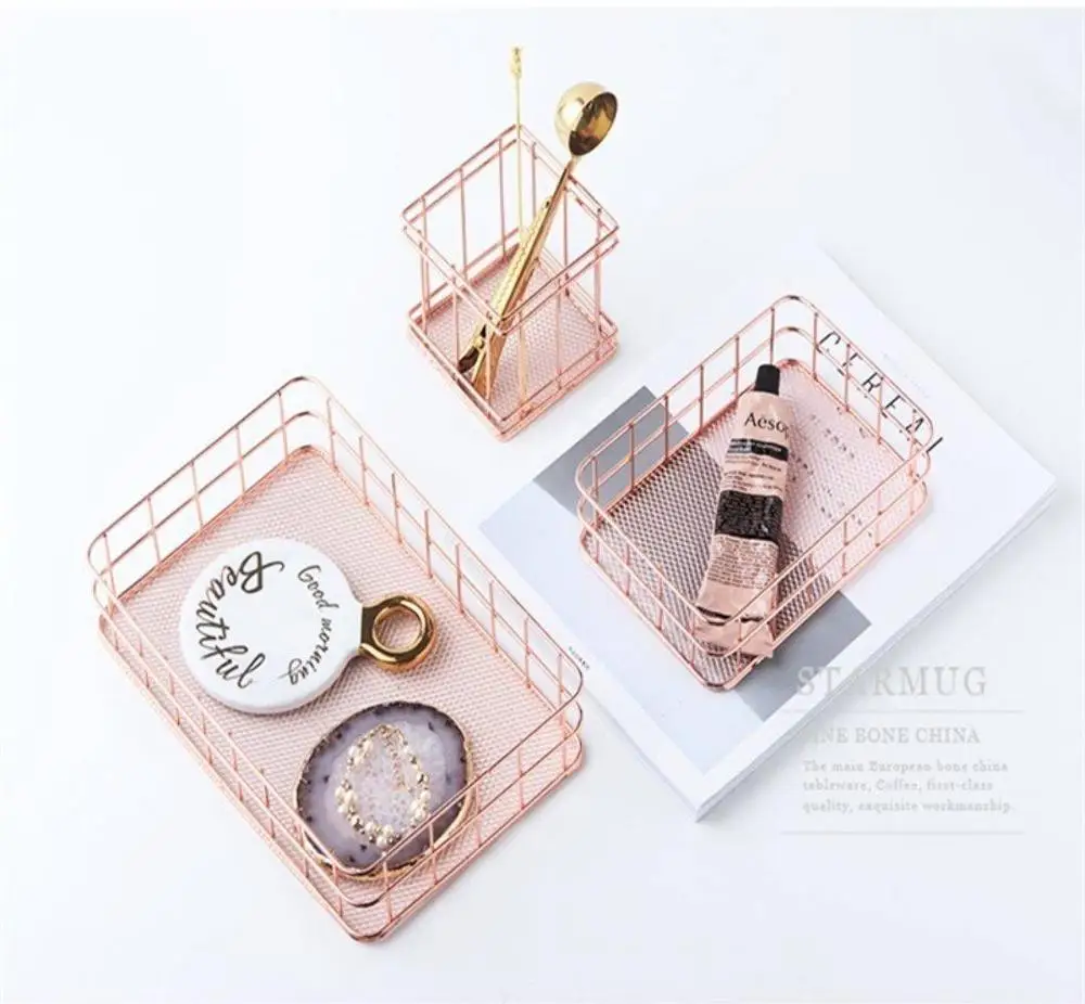 Office Supplies Desktop Storage Basket Pen Holder Sort Out Nordic Simple Practical Rose Gold Iron Art Rectangular Round Square | Дом и сад