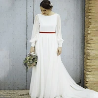 cheap chiffon long sleeves wedding gowns scoop neck back v a line bridal dresses red belt long wedding dress