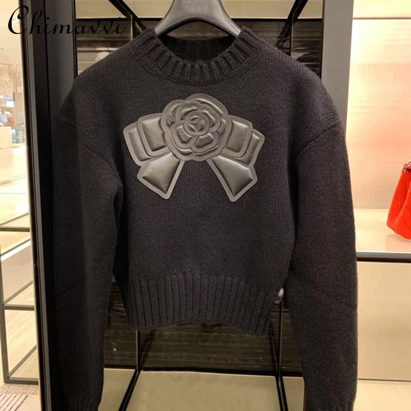 

Women Vintage Camellia PU Leather Elegant Sweater Soft Knitted Long Sleeve Pullover Female Crew Neck Short Casual Jumper