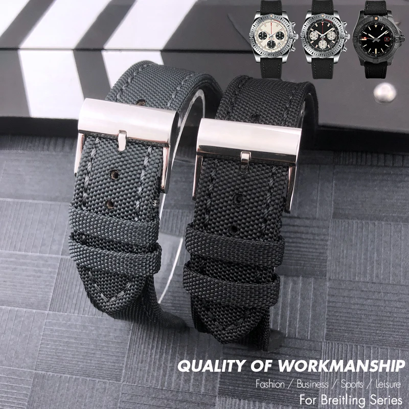 

22mm High Quality Nylon Fabric Watch Band Replacement for Breitling Avenger Black Leather Cowhide Strap Steel Pin Buckle Tools