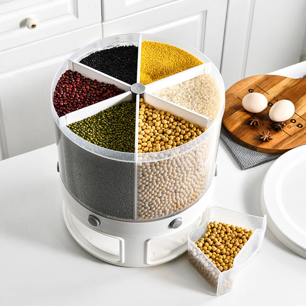 

6-Grid 10KG Rice Cereal Bucket Dispenser Moisture-Proof Dry Food Storage Box