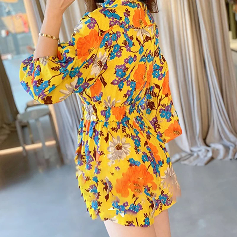 

XIZIHUPAN Vintage Print Playsuit For Women Stand Collar Lantern Long Sleeve High Waist Loose Playsuits Females Summer 2021 Style
