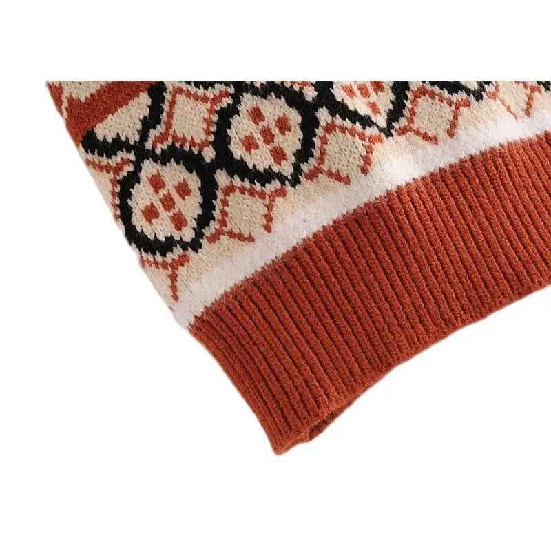 

WenQing Women 2021 Fashion Geometric Pattern Cropped Knitted Vests Sweater Vintage V Neck Sleeveless Female Waistcoat Chic Tops