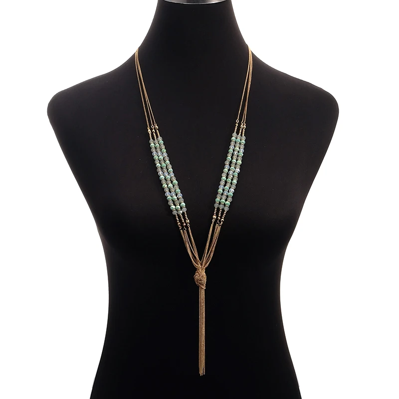 

Elegant Style Layered Chain Glass Beaded Strand Green Crystal Long Tassel Necklace for Women Fashion Jewelry