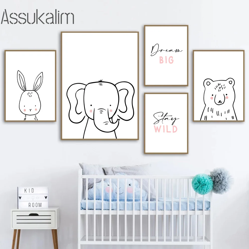 

Elephant Rabbit Wall Art Prints Bear Poster Black White Canvas Painting Nursery Posters Nordic Wall Pictures For Baby Room Decor