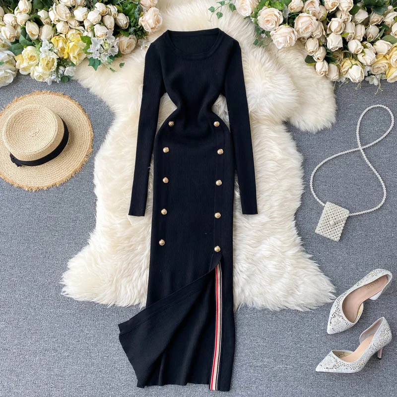 

Over knee knitting new women's slim split length skirt autumn winter 2020 dress double breasted