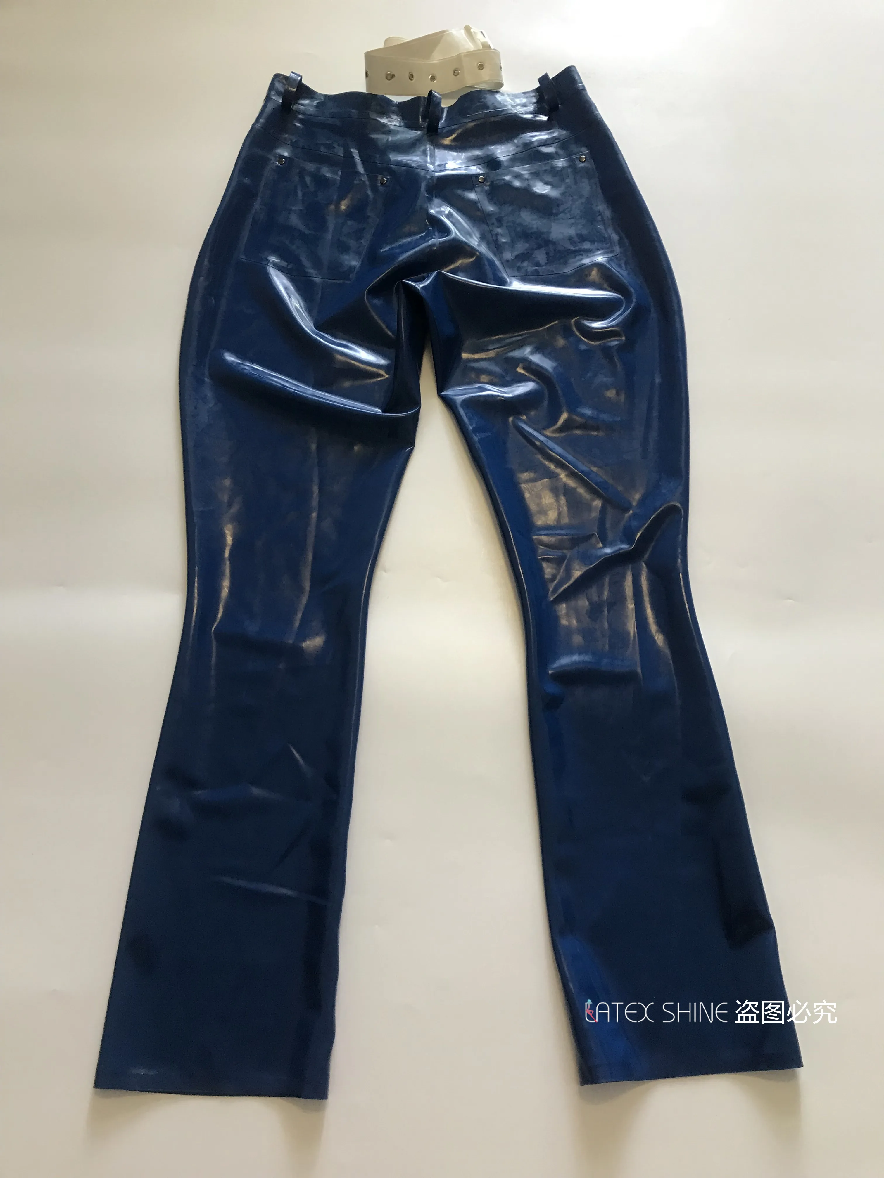 Сексуальные мужские синие латексные фетиш брюки резиновые Джинсы Карманы с