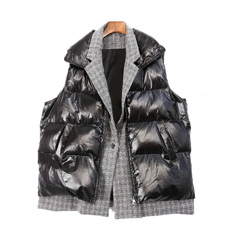 

Winter New Double Layer Turn Down Collar Street Fashion Splicing False Two Pieces Vest Thicken Keep Warm Women