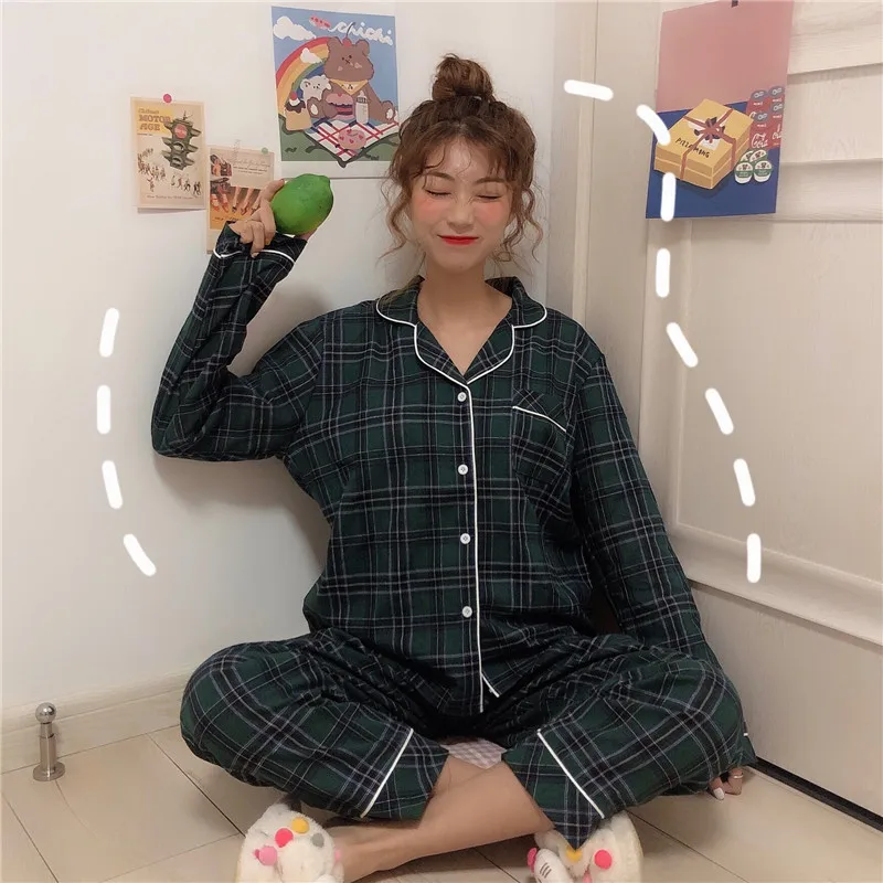 2019 зимние женские пижамные комплекты клетчатые хлопковые пижамы с длинным