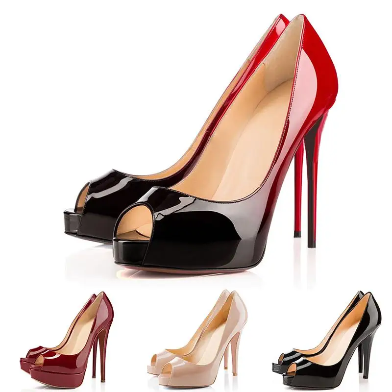 

Designer High Heels Patent Leather Peep Pointed Toe Women Pumps Platform Round Toe PointeRed Bottoms 12CM Wedding Dress Shoes