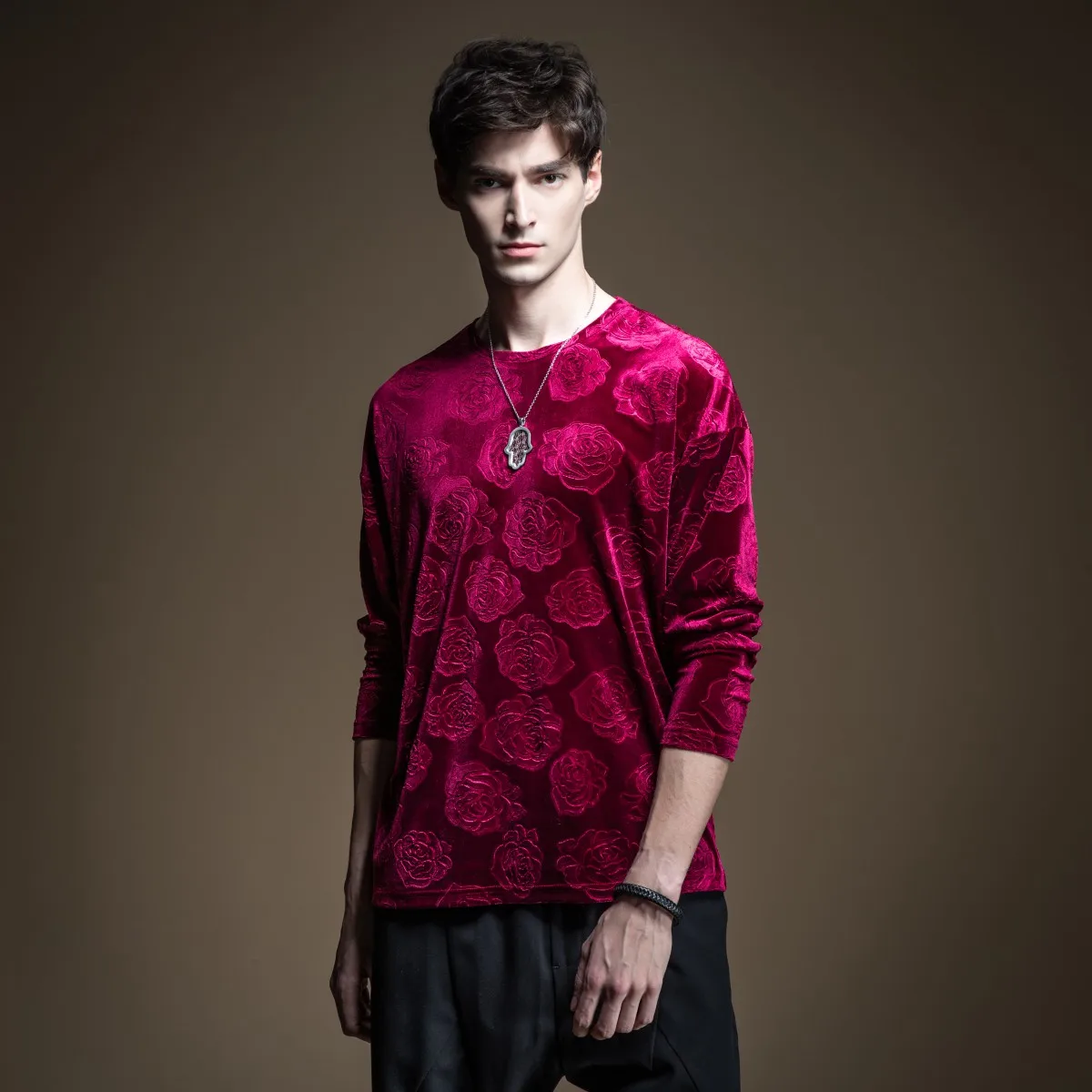 

PINLI 2020 Spring New Round Neck Slim Flannel Rose Men's Casual Warm Long Sleeve T-shirt Wild Men's Tide Brand B201111055
