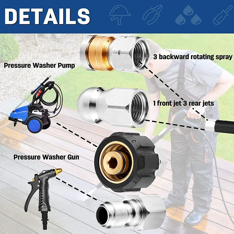 

4 Pieces Sewer Jetter Nozzle Kit for Pressure Washer Stainless Steel Fixed Rotating Sewer Nozzle Quick Adapter Plug