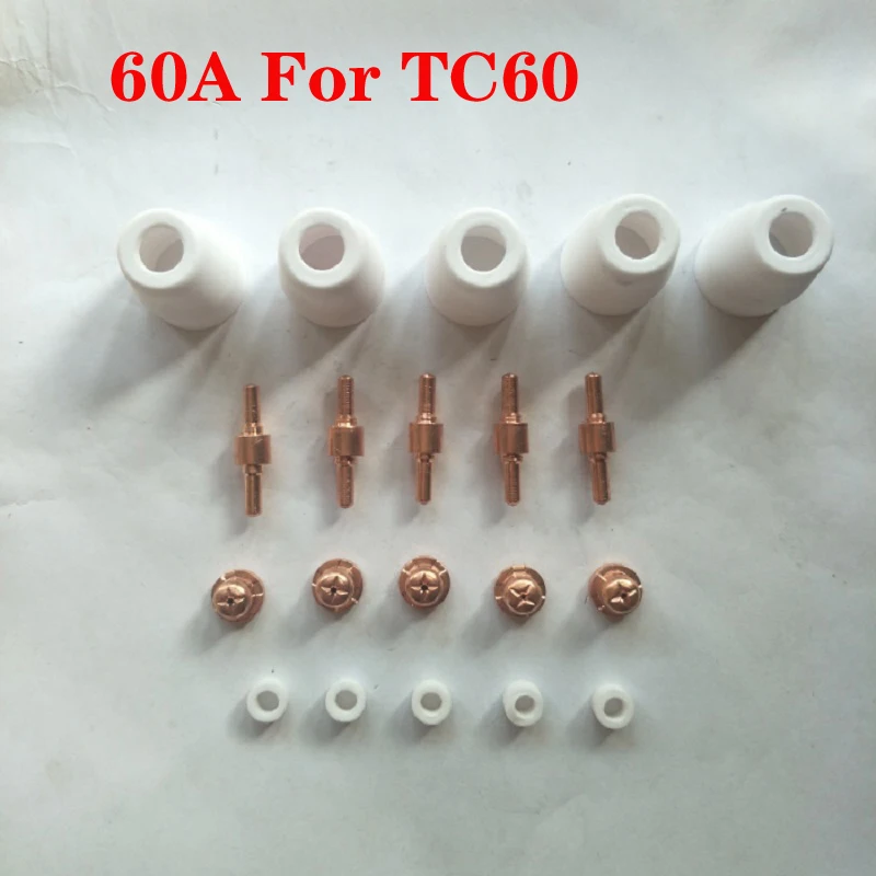 20pcs Inverter DC Plasma Cutter Accessories/Consumables 60A TC60 Cutting Gun/Torch Electrodes Tips Gas Ring and Shiled Cups