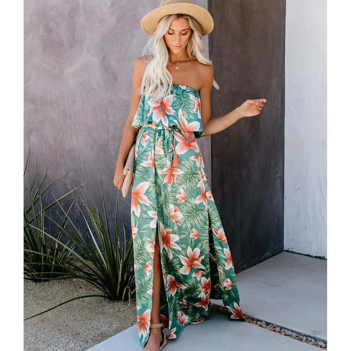 

Korean Party Vacation Runway Vestidos Long Women Maxi Chiffon Floral Strapless Dresses Summer 2021 Tropical Boho Elegant Casual