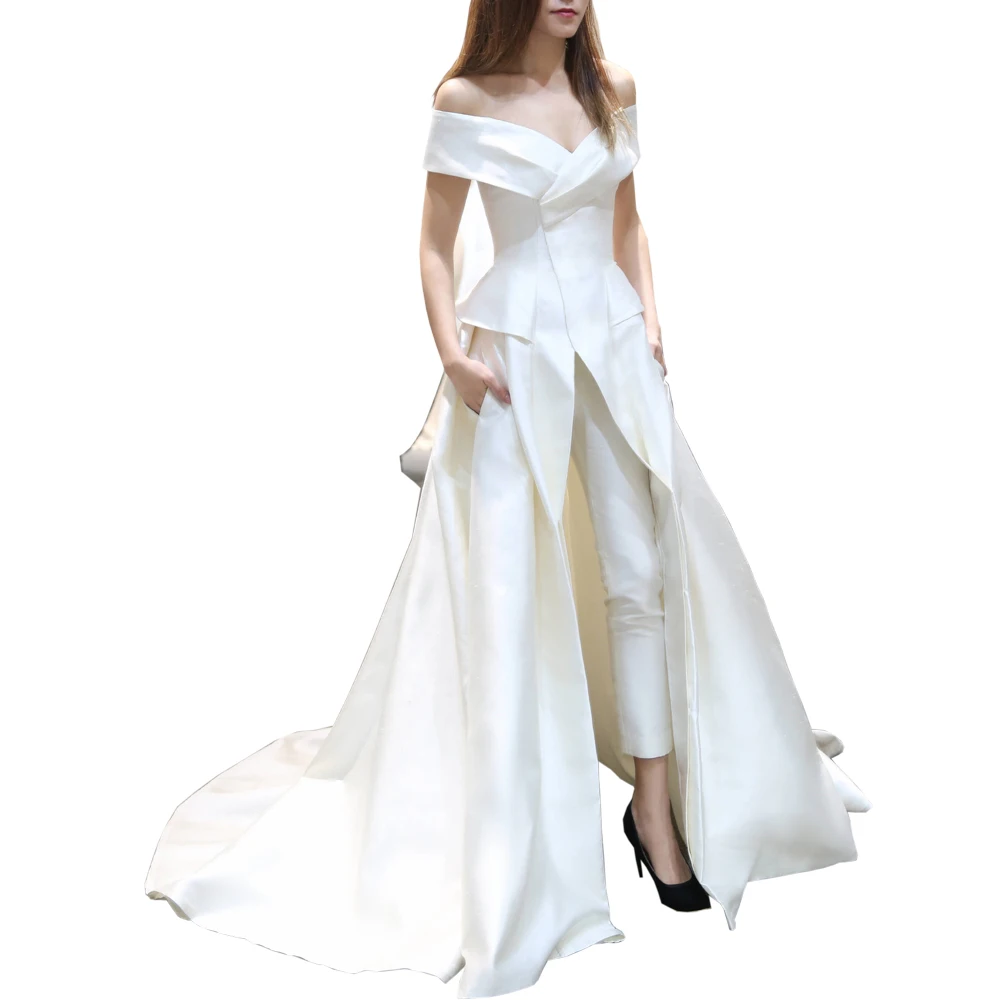 

Women Jumpsuit With Long Train White Evening Dresses Off Shoulder Sweep Train Elegant Prom Dress Party Vestidos Festa Novia