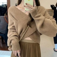 deeptown korean style cropped knitted sweater women v neck sexy casual solid oversize long sleeve jumper female warm winter tops