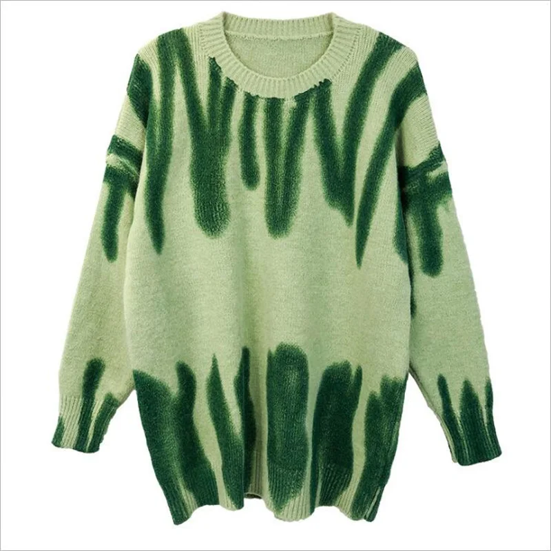 

Elegant Green Striped Print Oversized Pullovers Women Winter O-Neck Loose Long Sweaters Streetwear Warm Outerwear 8 Colors